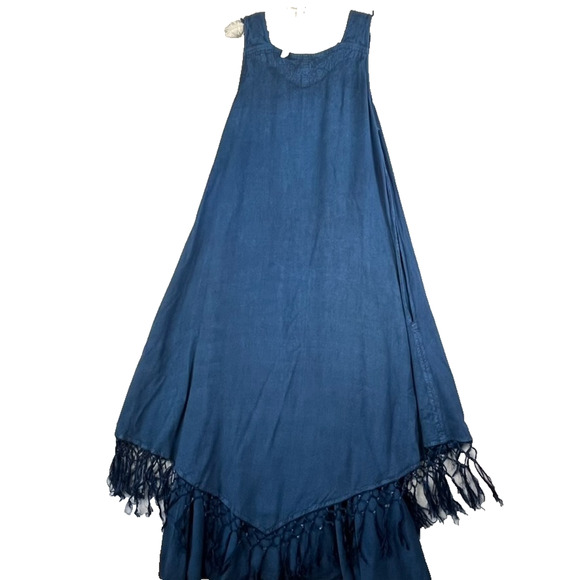 Sakkas Maxi Dress Size S/M Blue Stonewash Fringed Boho India Festival Pockets - Picture 10 of 14